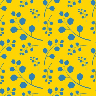 Kusursuz, sarı arka planda mavi dalları olan yaz şablonu. Vektör illüstrasyonu