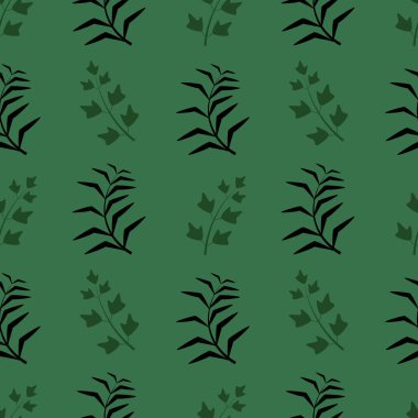 Yeşil arka planda palmiye yaprakları ve dalları olan pürüzsüz bir desen. Vektör illüstrasyonu