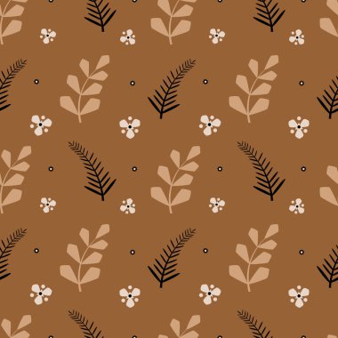 Bej arka planda palmiye yaprakları olan pürüzsüz bir desen. Vektör illüstrasyonu