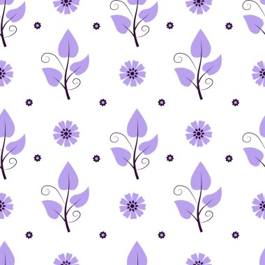 Beyaz arka planda mor çiçekli pürüzsüz desen. Vektör illüstrasyonu