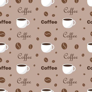 Kahve fincanları ve bej arka planda yazılı metinler. Vektör illüstrasyonu