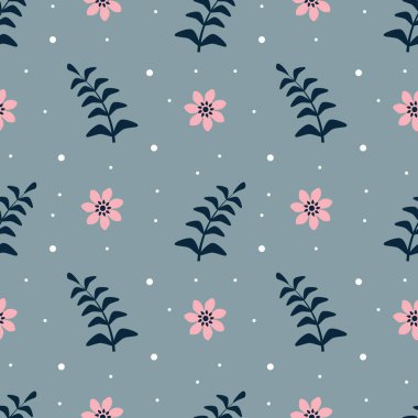 Pembe çiçekli ve mavi arka planda yaprakları olan kusursuz bir desen. Vektör illüstrasyonu