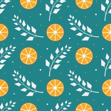 Turkuaz arka planda portakallı ve yapraklı kusursuz desen. Vektör illüstrasyonu