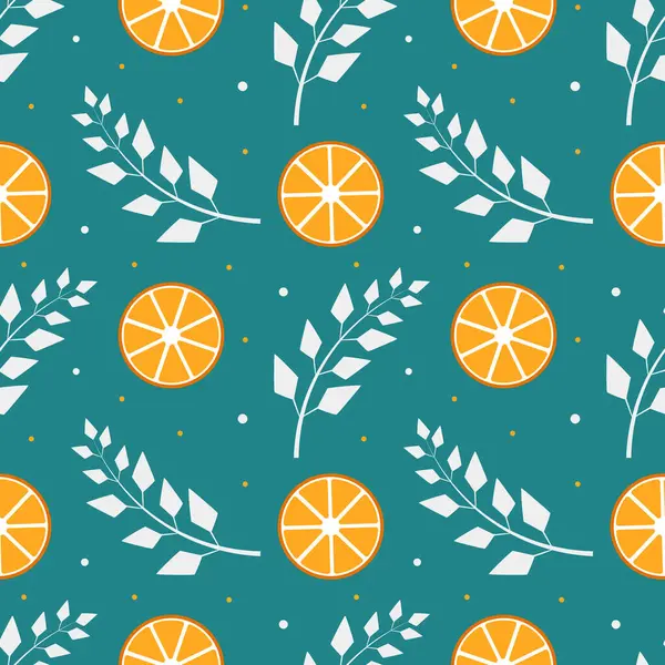 Turkuaz arka planda portakallı ve yapraklı kusursuz desen. Vektör illüstrasyonu