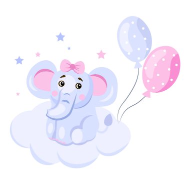 Şirin bir bebek fil bulutun üzerinde oturuyor. Çocuklar için illüstrasyon. Vektör illüstrasyonu