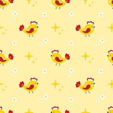 Sarı arka planda sevimli kırmızı kuşların olduğu kusursuz bir desen. Vektör illüstrasyonu