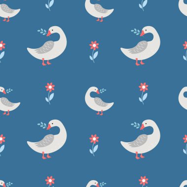 Kusursuz, mavi arka planda kazları olan çocuklar. Vektör illüstrasyonu