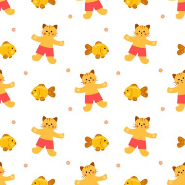 Beyaz arka planda kediler ve balıklarla kusursuz bir desen. Vektör illüstrasyonu