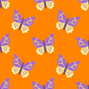 Turuncu arka planda kelebekler olan kusursuz bir desen. Vektör illüstrasyonu