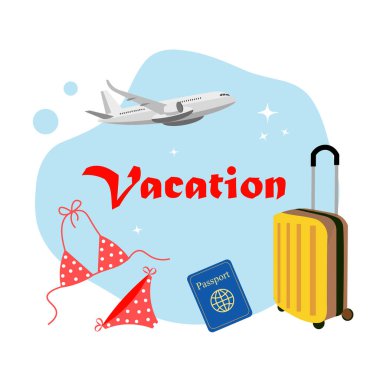 Kısa bir tatil. Seyahat kavramı. Bavul, mayo, uçak, pasaport. Vektör illüstrasyonu