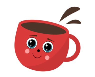 Beyaz arka planda yüzü olan kırmızı kahve fincanı. Vektör illüstrasyonu