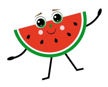 Beyaz arka planda kolları ve bacakları olan karpuz. Yüzü olan bir karpuz parçası. Vektör illüstrasyonu