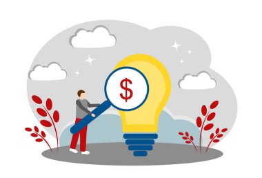 Para kazanmak ve yeni bir fikir. Elinde büyüteç ve ampul olan bir adam. Başarılı iş kavramı. Vektör illüstrasyonu