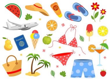 Beyaz bir arka planda yaz seti. Palmiye ağaçları, mayo, parmak arası terlik, meyve, uçak, dondurma, dondurma. Vektör illüstrasyonu