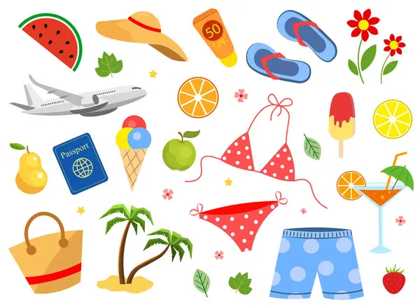 Beyaz bir arka planda yaz seti. Palmiye ağaçları, mayo, parmak arası terlik, meyve, uçak, dondurma, dondurma. Vektör illüstrasyonu