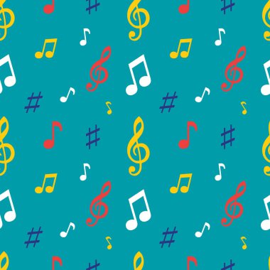 Mavi arkaplan vektörü illüstrasyonunda renkli notlarla kusursuz desen
