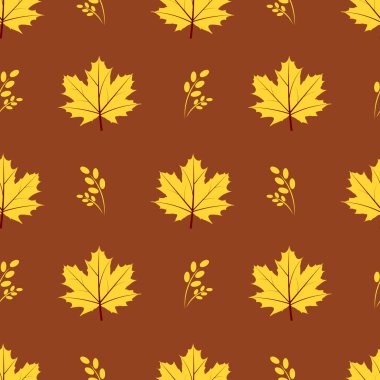 Kahverengi arka planda akçaağaç yaprakları olan kusursuz bir desen. Vektör illüstrasyonu