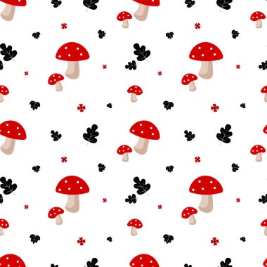 Beyaz arka planda sineklik ve meşe yaprakları olan kusursuz bir desen. Vektör illüstrasyonu