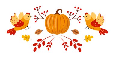 Beyaz arka planda kuşların ve balkabağının olduğu sonbahar deseni. Vektör illüstrasyonu