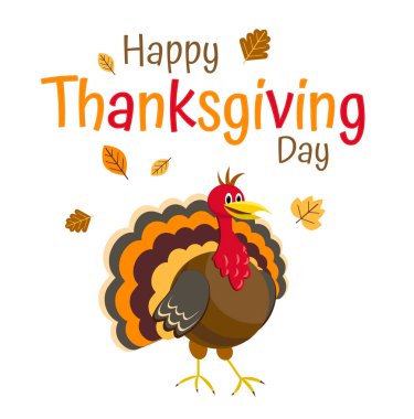 Greeting card, text. Happy Thanksgiving. Turkey and autumn leaves on a white background. Vector illustration