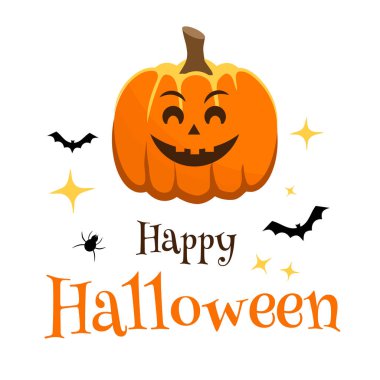 Happy Halloween. Banner, text, greeting card. Orange pumpkin with face on white background. Vector illustration