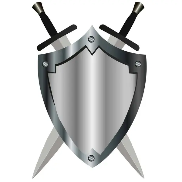 3D逼真银金属盾牌 银金属盾牌与交叉剑 — 图库矢量图片