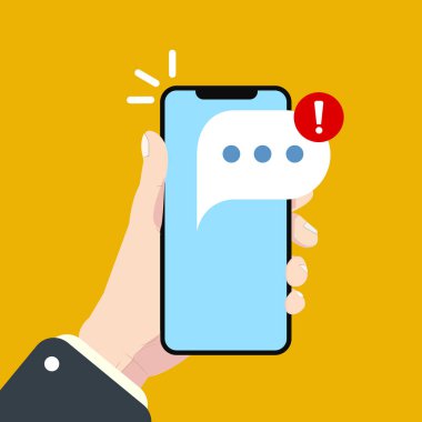 Yeni uyarısı olan akıllı bir telefon. Vektör çizimi. Bildirim simgesi ile el ele tutuşur. 