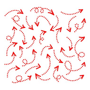 Kırmızı noktalı el yapımı karalama oku. Vektör çizimi. El Çekimi Okları Seti. İmleç işaretleyici iş konsepti.