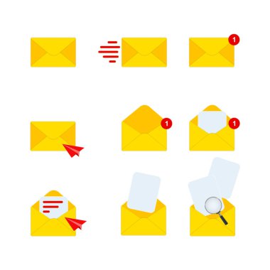 E- posta simgeleri. İşaretli 3d posta zarfı simgesi. Yeni mesaj. E- posta bildirimini harflerle, işaretle, kağıt uçakla yap. Büyütme cam simgesi. 