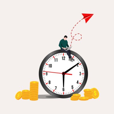 Dizüstü bilgisayarı olan bir adam büyük bir saatin üzerinde oturuyor, sanat kolajı. Yeni yaratıcı fikirler. Çağdaş sanat kolajı