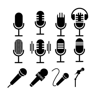 Mikrofon Simgeleri seti. Ses ve Ses Kayıt Sembol Vektörü İllüstrasyonu