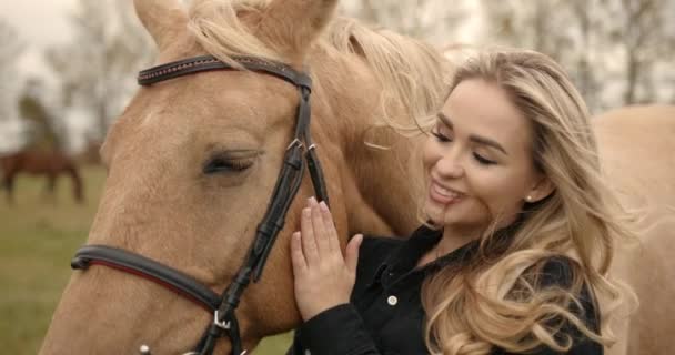 Jovem Menina Bonita Abraçando Cavalo Natureza Amante Cavalo — Vídeo de Stock
