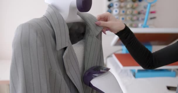 Woman Using Steam Iron Clothing Workshop Designing Clothes — Stock Video