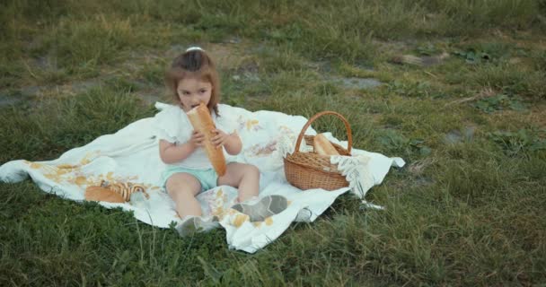 Küçük Bir Kız Battaniyeye Oturmuş Ekmek Yiyor Yaz Pikniği Çimlerin — Stok video