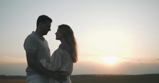 一个男人拥抱一个孕妇 在夏小麦田里散步 野餐性质 度假概念 — 图库视频影像