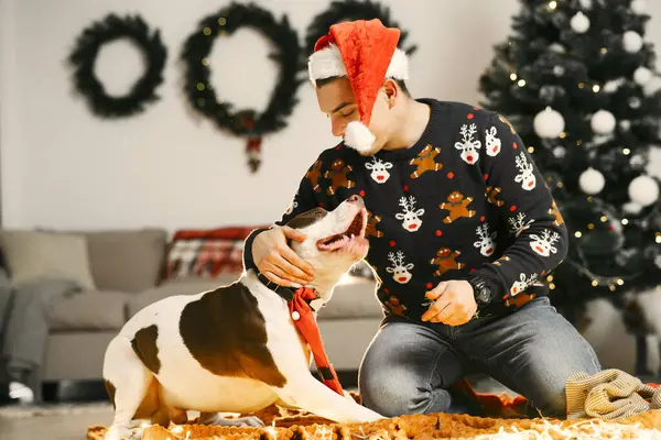 The theme is the friendship of man and animal. Caucasian young male and pet dog. Friendsat home inside in winter. Christmas time, New Year holidays.