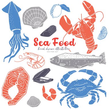Deniz ürünleri el çizimi illüstrasyon vektörleri ayarlandı