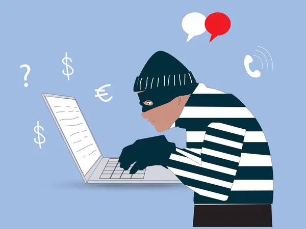 Cep telefonu ekranını hackledikleri için arkadaşlarını maske altında tutan suçlu. Para çalmak, siber suç, kişisel verilerin çalınması, şifre, kredi kartı düz vektör ilülasyonu..