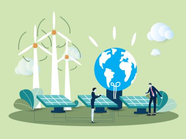 Yenilenebilir enerji yenilenebilir enerji illüstrasyon vektörü güneş enerjisi, güneş paneli teknolojisi çevresel kaynakların çıkarılmasını, dünyanın saatlerini, enerjiyi ve gezegeni kurtarmayı belirler..