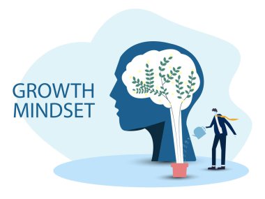 İş adamlarının elinde sulama kutusu var. Büyüme zihniyeti için farklı sabit zihniyet kavramı.