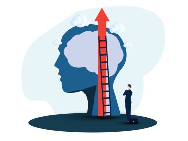 İş adamı hedeften merdivene bakıyor, büyüme zihniyeti konsept vektör çizer.