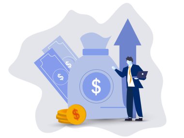 Mali illüstrasyon. İş adamı nakit, kredi kartı veya tasarruf hesabından para biriktiriyor. Kişisel finans yönetimi ve tasarruf kavramı. Vektör illüstrasyonu.