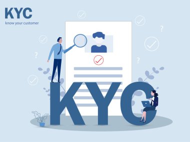 KYC veya bir büyüteç vektör illüstratörü aracılığıyla müstakbel ortaklar konseptinde müşterilerinin kimliklerini doğrulayan işletme sahibi müşterinizi tanıyın.