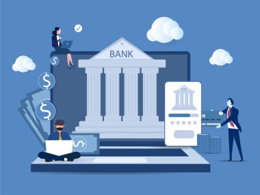 Çevrimiçi bankacılık ve muhasebe, mobil bankacılık ve çevrimiçi ödeme kavramı için dizüstü bilgisayar ve cep telefonu kullanan insanlar. Vektör iliülasyonu. 