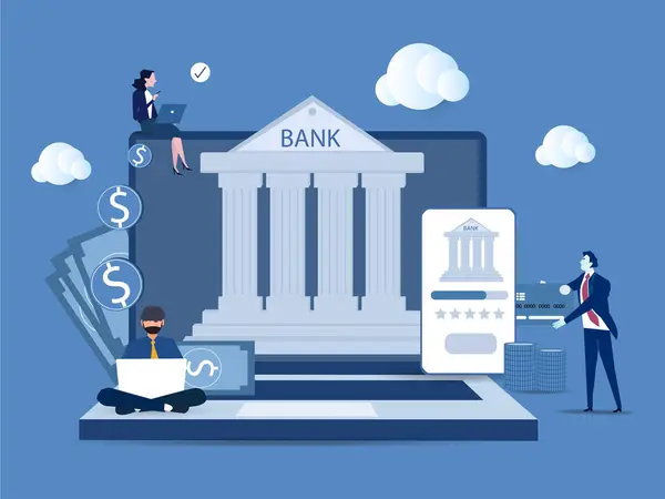 Çevrimiçi bankacılık ve muhasebe, mobil bankacılık ve çevrimiçi ödeme kavramı için dizüstü bilgisayar ve cep telefonu kullanan insanlar. Vektör iliülasyonu. 