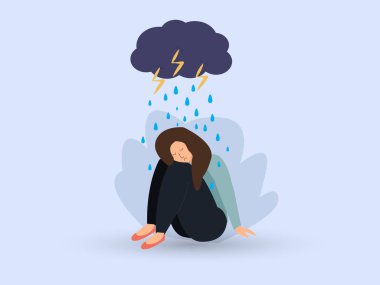 Depresyonda olan mutsuz ve üzgün genç bir kız. Aklı karışık ve yağmurlu bulutlarla oturmuş dizlerine sarılıyor. Üzüntü, zihinsel sağlık konsepti. vektör illüstrasyonu