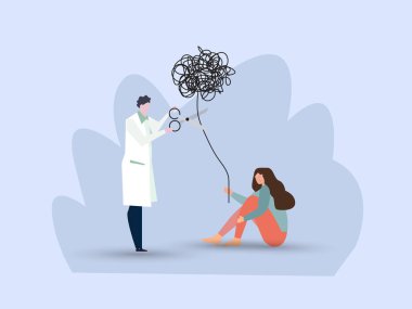 Psikolog, hastanın üzerinde kaos yaratan balonu kesmek için makas kullanıyor. Stres ve stresi azaltmak, zihinsel sağlık sorununu veya depresyonu tedavi etmek için psikoterapi, aşırı çalışma kavramını iyileştirmek için rahatlama