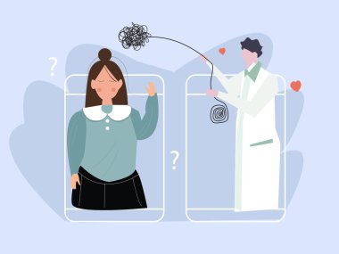 Telefon konseptiyle psikoterapistle online danışmanlık, depresyonlu ve zihinsel sorunları olan bir kız. Kadın psikanalistle konuşuyor. Vektör illüstrasyonu.