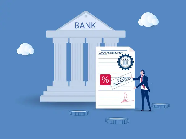 Borç veya banka kredisi faiz oranı, yasal para kredisi veya imza konsepti ile borç alma, yükümlülük bankacılığı belgesini imzalayan işadamı.