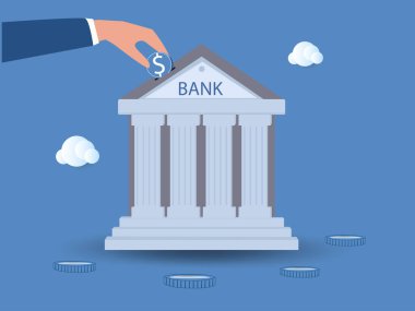 İşadamı yatırım bankasına bir dolar koydu. Yatırım bankası finans hizmeti yatırım danışmanlığı, refah yönetimi veya şirket için kredi, para büyümesi veya kâr ve kazanç kavramı sağlamak için.